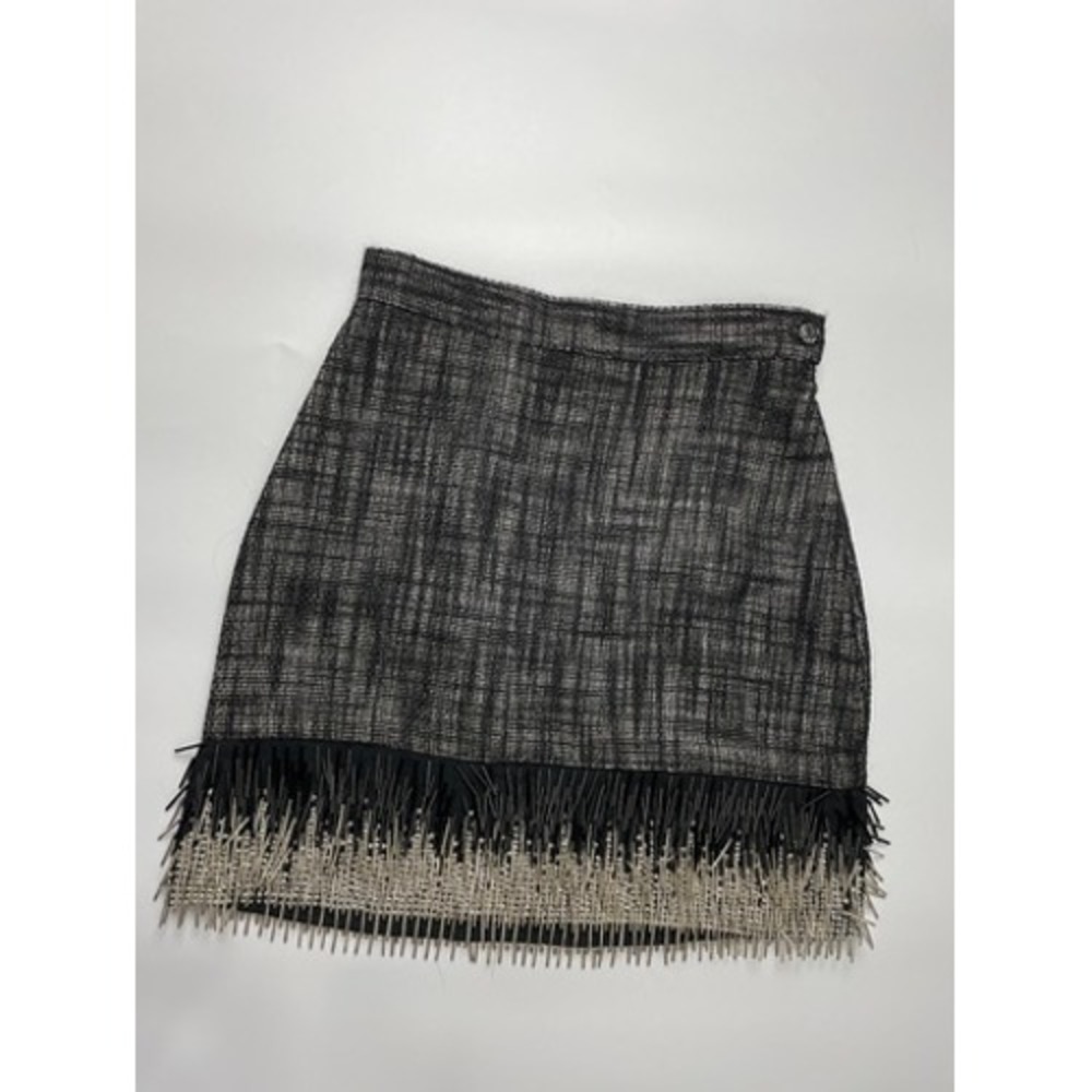 La Perla Black Tweed Wool Mini Skirt Spiked Fringe Hem Made in Italy Size 42